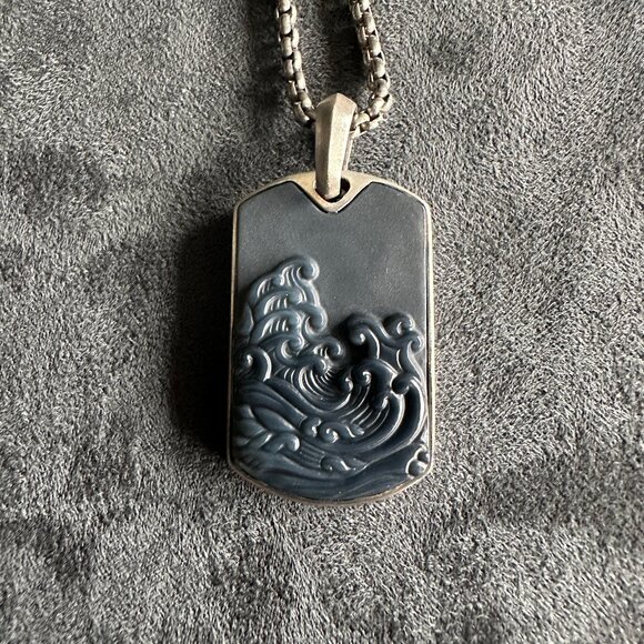 David Yurman Waves Dog Tag w/ Carved Agate & DY Small Box Chain Necklace 22" - Picture 3 of 13